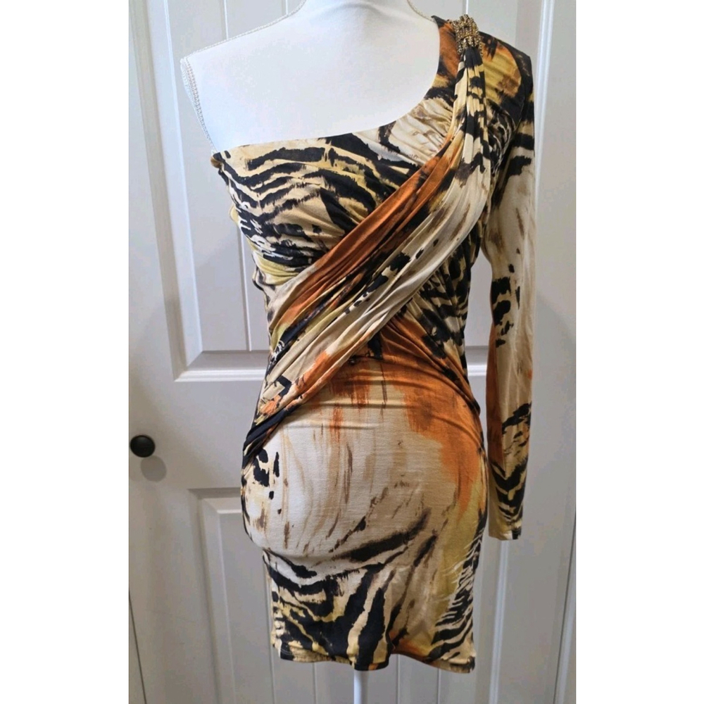 Sky NWT One Shoulder Animal Print Ruched Bodycon Mini Cocktail Dress L Rhineston